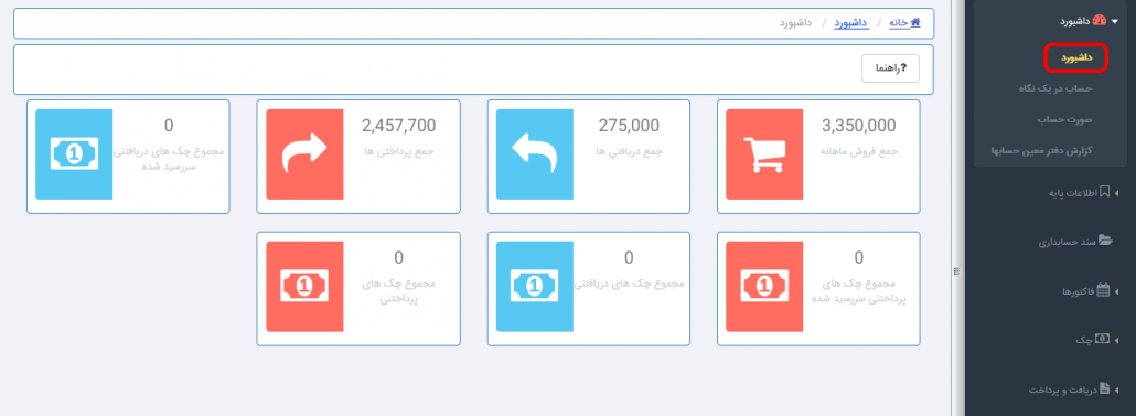 داشبورد در نرم افزار حسابداری تحت وب (سایبروب)
