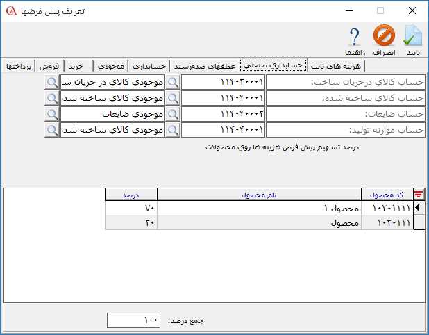 تعیین حسابهای پیش فرض در حسابداری صنعتی