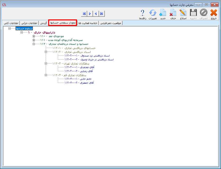 فرم معرفي حسابها زبانه نمودار سطحي