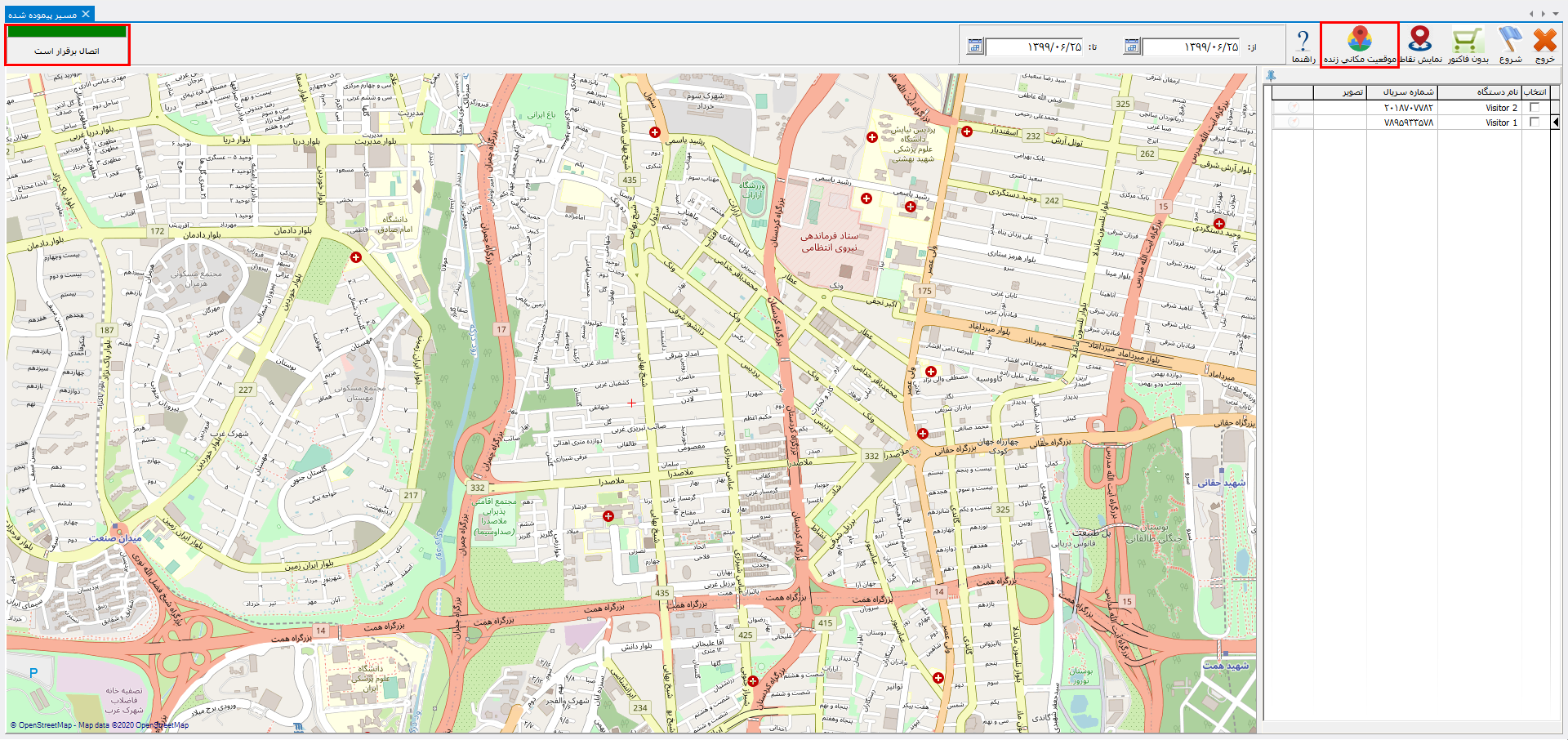 موقعیت مکانی زنده ویزیتور و راننده در حسابگر